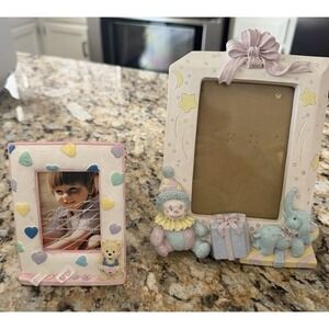 2 Vintage Baby Picture Frames 4x6, 3x2 Clown, Hearts, Elephant